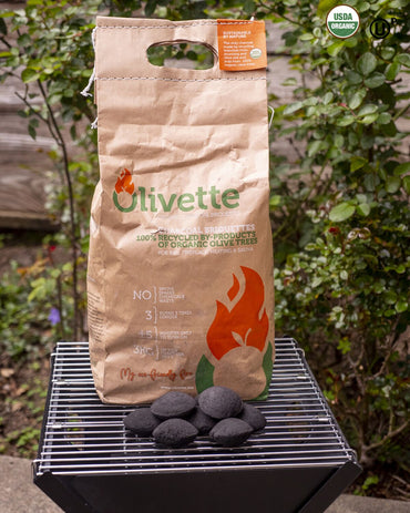 OLIVETTE 1st organic briquettes in the US market! Smoke free, long lasting. Natural. Made from recycling.