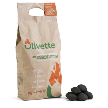 OLIVETTE 1st organic briquettes in the US market! Smoke free, long lasting. Natural. Made from recycling.