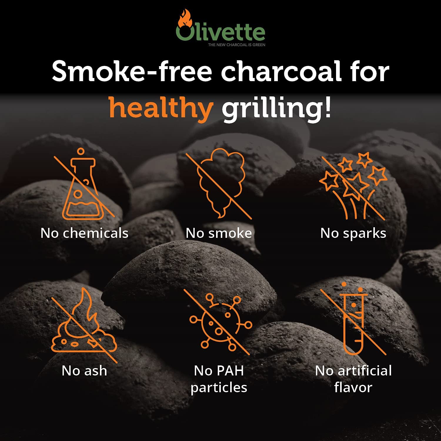 OLIVETTE Organic BBQ BRIQUETTES - Smoke Free - Ecological made from Recycling olive tree byproducts  - Burns 3 times longer - Reusable when using a Kettle type BBQ - Bag of 6.6 Lbs / 3 Kg