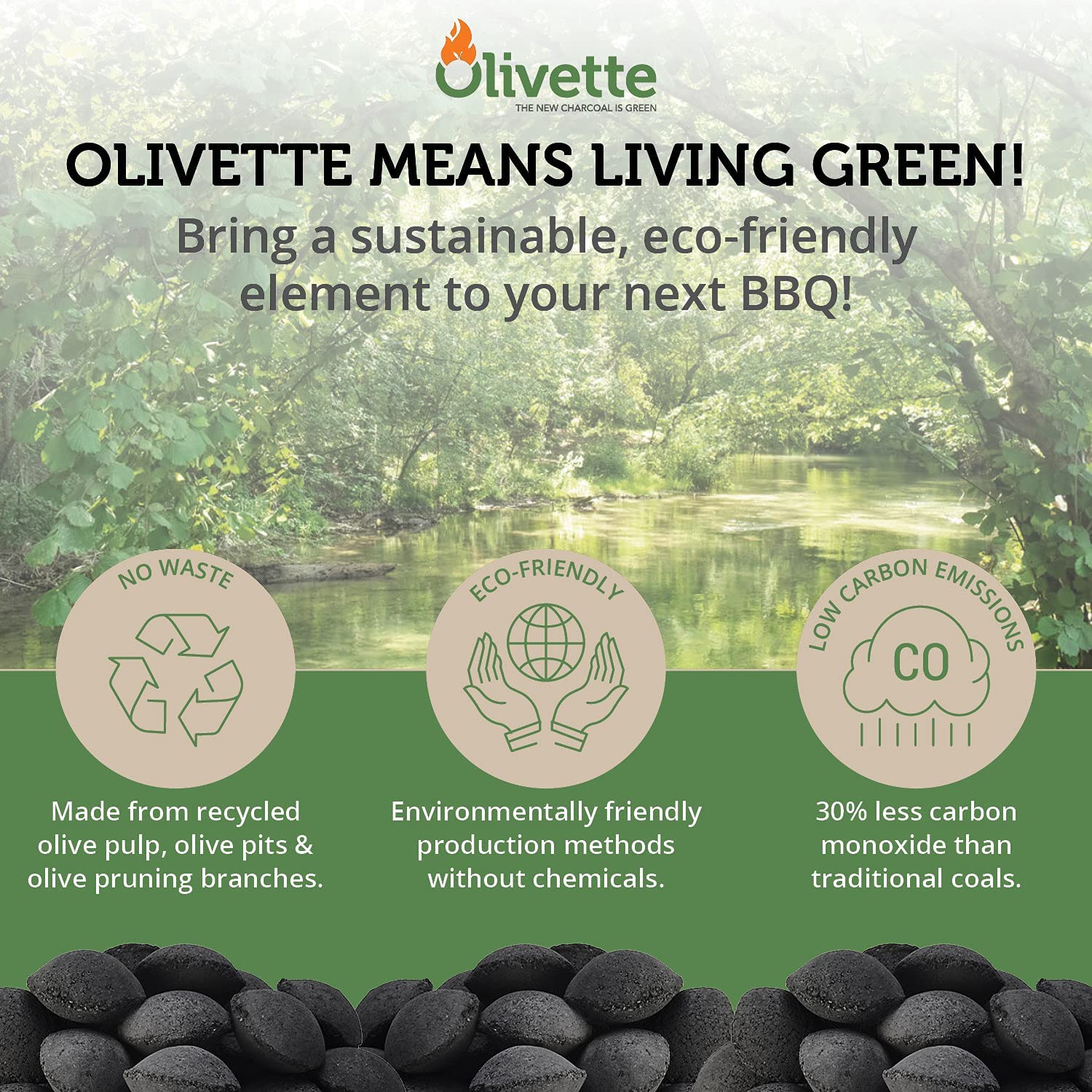 OLIVETTE Organic BBQ BRIQUETTES - Smoke Free - Ecological made from Recycling olive tree byproducts  - Burns 3 times longer - Reusable when using a Kettle type BBQ - Bag of 6.6 Lbs / 3 Kg