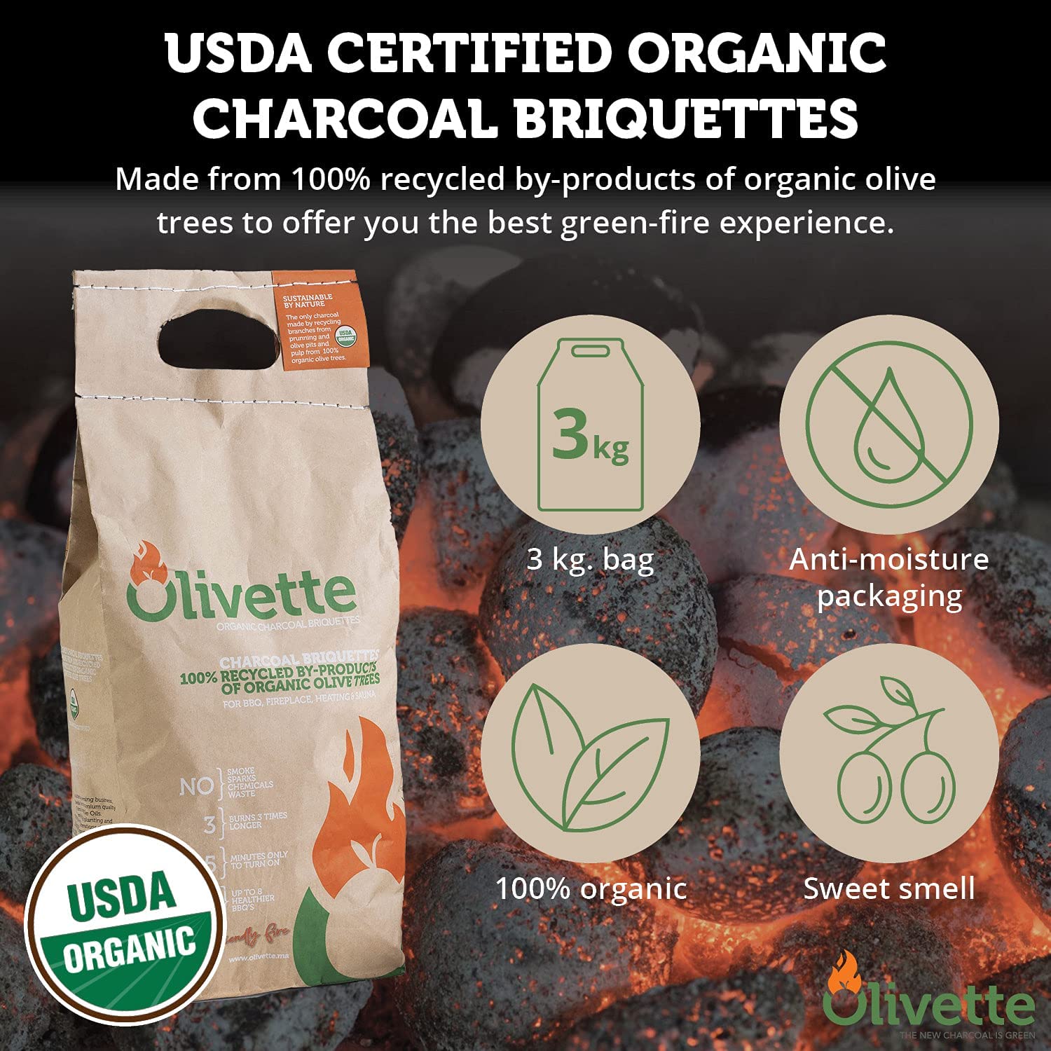 OLIVETTE Organic BBQ BRIQUETTES - Smoke Free - Ecological made from Recycling olive tree byproducts  - Burns 3 times longer - Reusable when using a Kettle type BBQ - Bag of 6.6 Lbs / 3 Kg