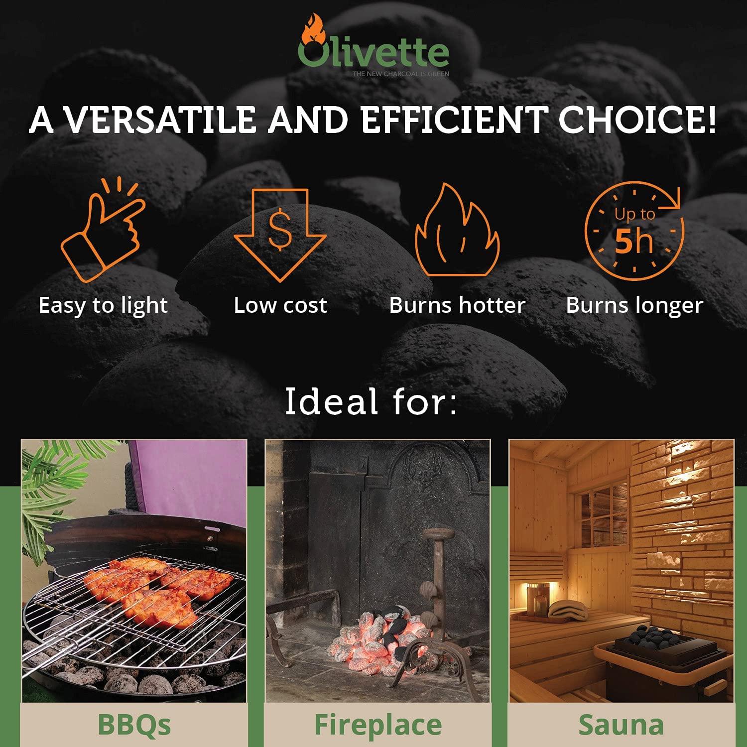 OLIVETTE Organic BBQ BRIQUETTES - Smoke Free - Ecological made from Recycling olive tree byproducts  - Burns 3 times longer - Reusable when using a Kettle type BBQ - Bag of 6.6 Lbs / 3 Kg