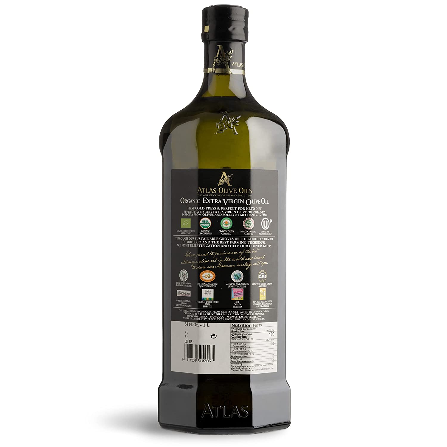 ATLAS Organic Extra Virgin Olive Oil Glass bottle 33,82 OZ (1L) - Moroccan and Polyphenol Rich - Carbon Neutral - Low Acidity