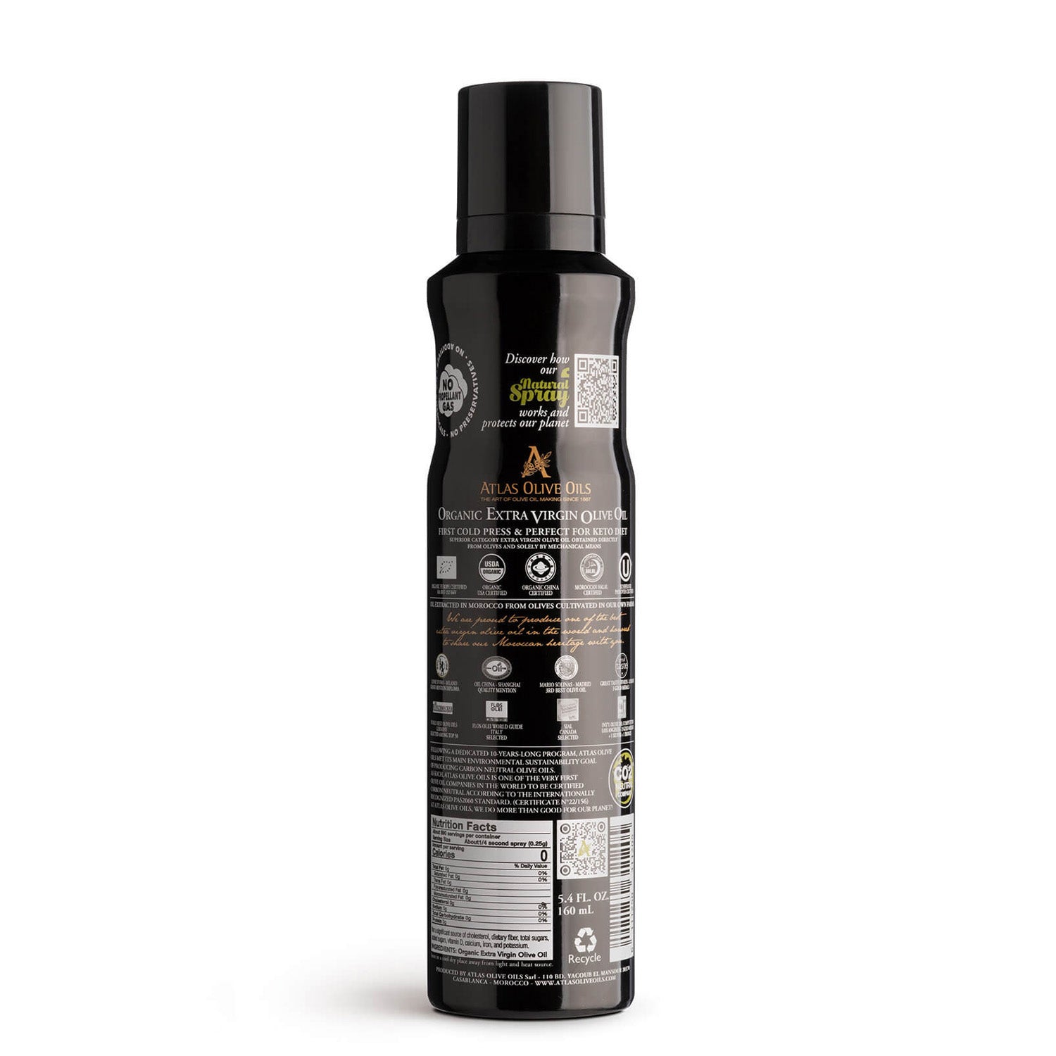 ATLAS GRILLING SPRAY Organic Extra Virgin Olive Oil of 5,6 OZ (160ML) - Moroccan and Polyphenol Rich - Carbon Neutral - Low Acidity ATLAS GRILLING SPRAY Organic Extra Virgin Olive Oil of 5,6 OZ (160ML) - Moroccan and Polyphenol Rich - Carbon Neutral - Low Acidity