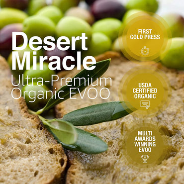 DESERT MIRACLE Organic Extra Virgin Olive Oil Elegant Glass bottle of 8.5 OZ (250ML) - Moroccan and Polyphenol Rich - Carbon Neutral - Low Acidity