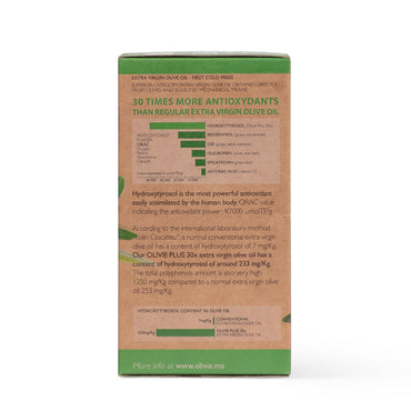 OLIVIE PLUS 30X is rich in polyphenols, especially in hydroxytyrosol the most potent of all antioxidants. Organic and healthiest!